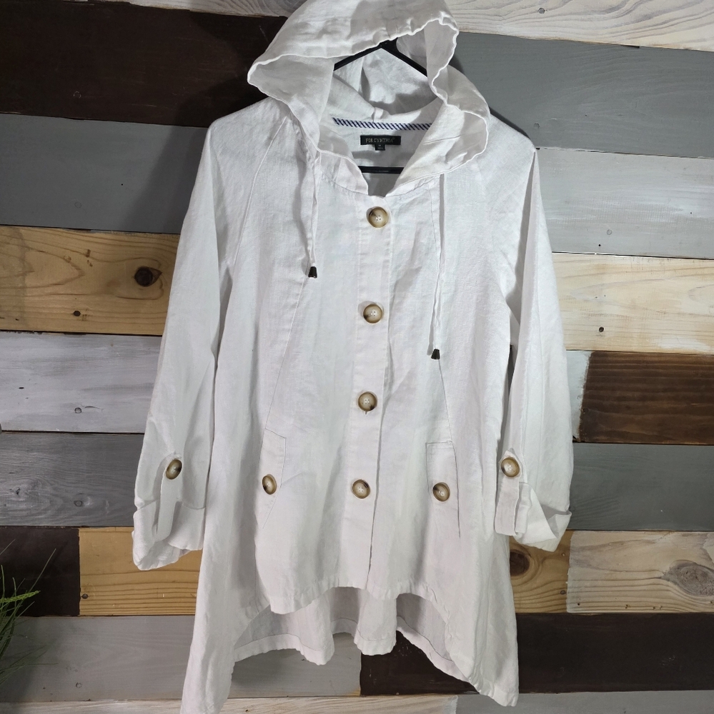 For Cynthia Lagenlook White 100% Linen HoodJacket Cinched Waist  Medium💥SALE